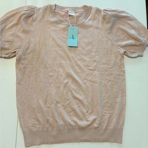 NWT Winoll Beige pink Knit Top Short Puff Sleeve Size L